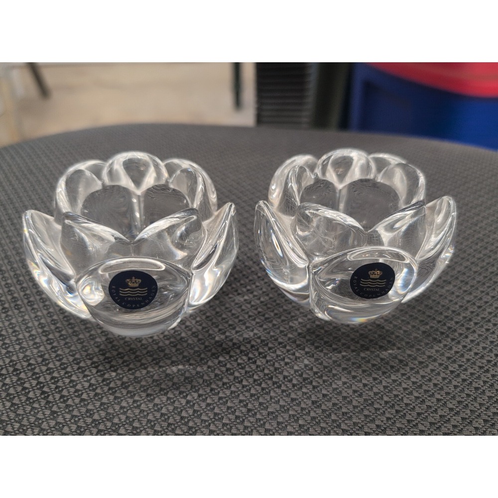 Set of 2 Royal Copenhagen Crystal Votive Lotus Flower Candle Holders Denmark 3"